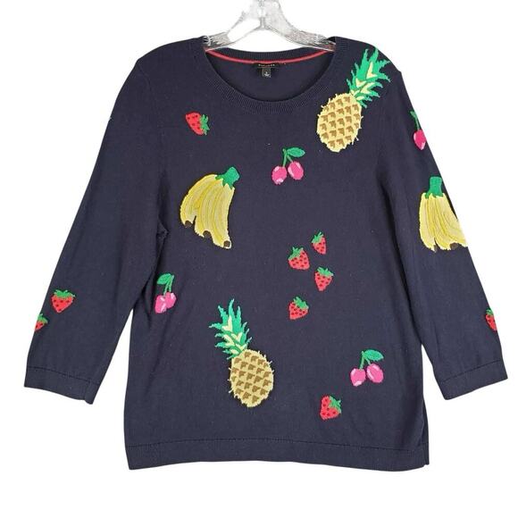 Talbots Sweater Women's Size Large L Navy Blue Fruit Knit Pullover LS - Picture 2 of 9